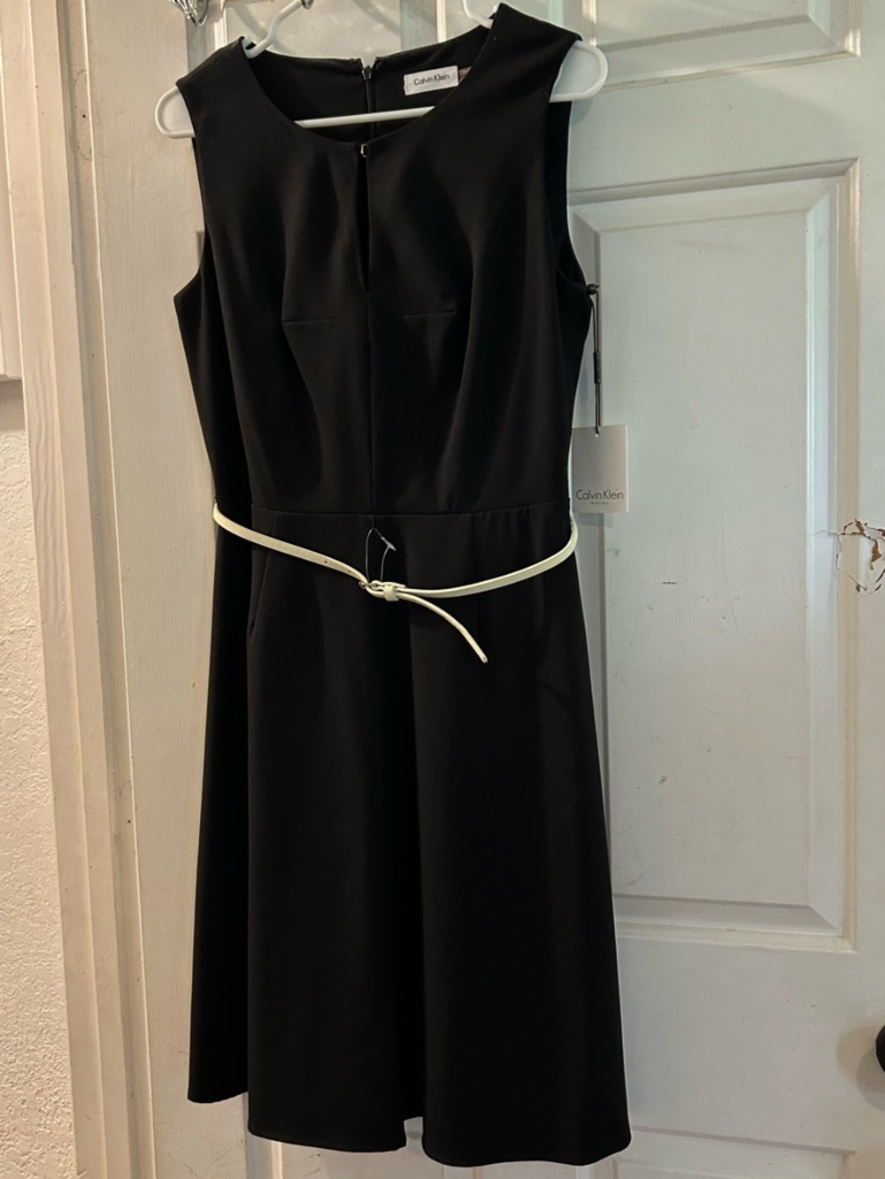 Calvin Klein Black Sleeveless Midi Dress with Cream Belt Accent